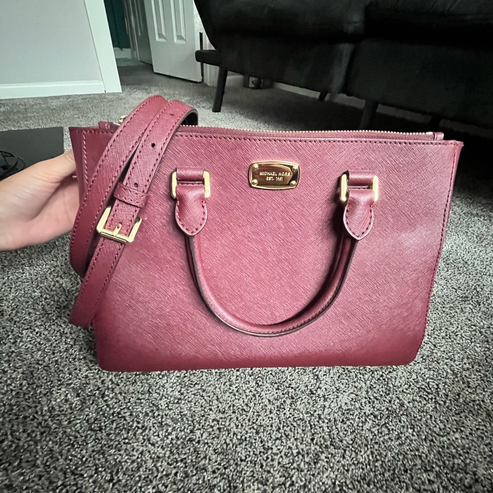 Michael Kors Burgundy Cross Body Bag with removable strap and gold hardware